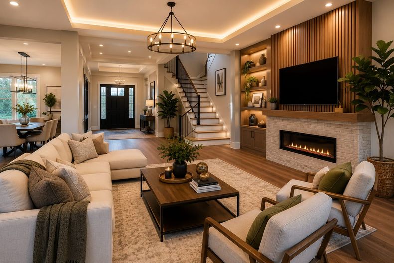 Bright modern living room with beige sofas, fireplace, staircase, chandelier, and large windows