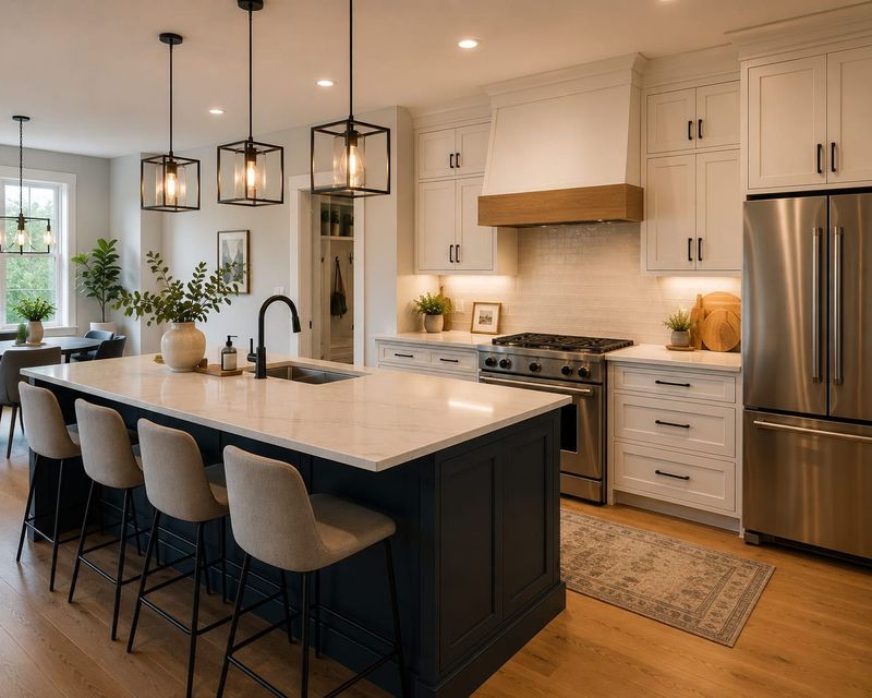 Bright modern kitchen with white cabinets, marble island, barstools, and stainless steel appliances