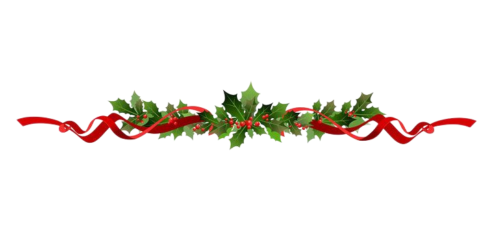 A festive Christmas holly garland with green leaves, red berries, and a flowing red ribbon on a white background.