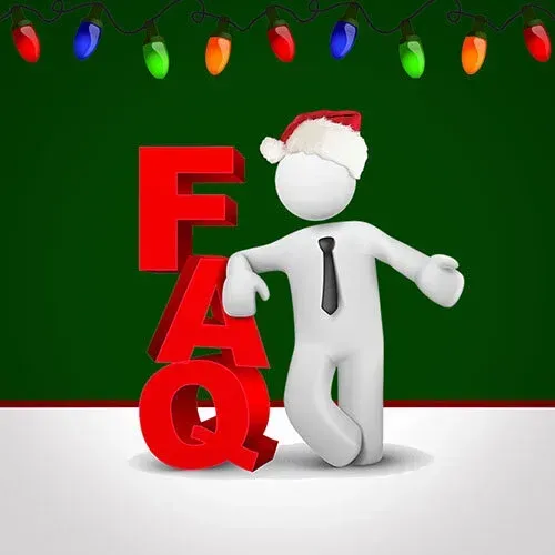 A white 3D figure wearing a Santa hat leans against large red