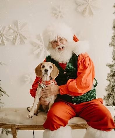 Santa Claus in a red suit with a green vest sitting on a bench holding a beagle wearing a plaid bandana.