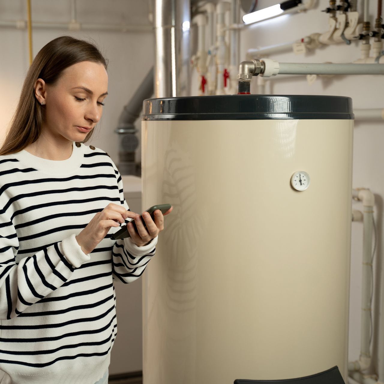 A woman is using a cell phone in front of a water heater.