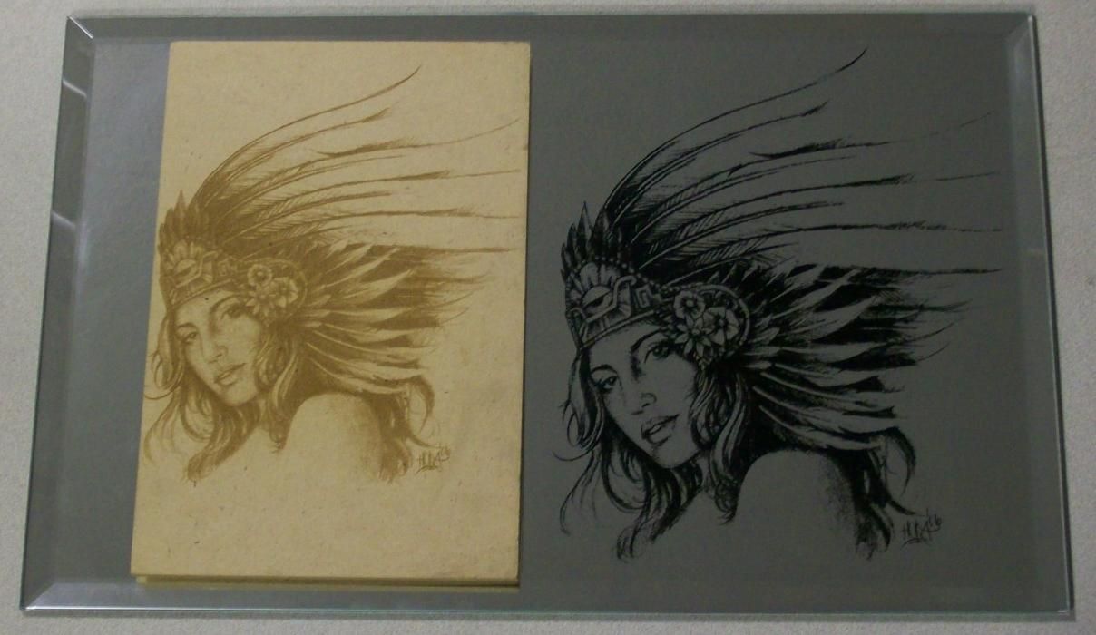 native american princess laser engraved in to wood and mirror by a rabbit laser usa machine