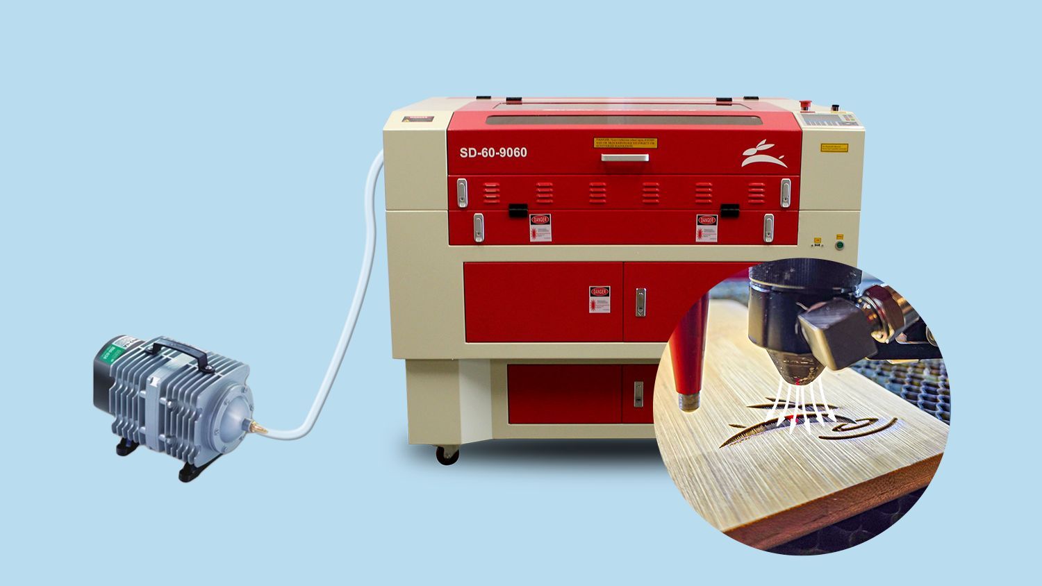 Rabbit Laser USA CO2 laser machine with air assist pump diagram showing airflow directed at engraving area.