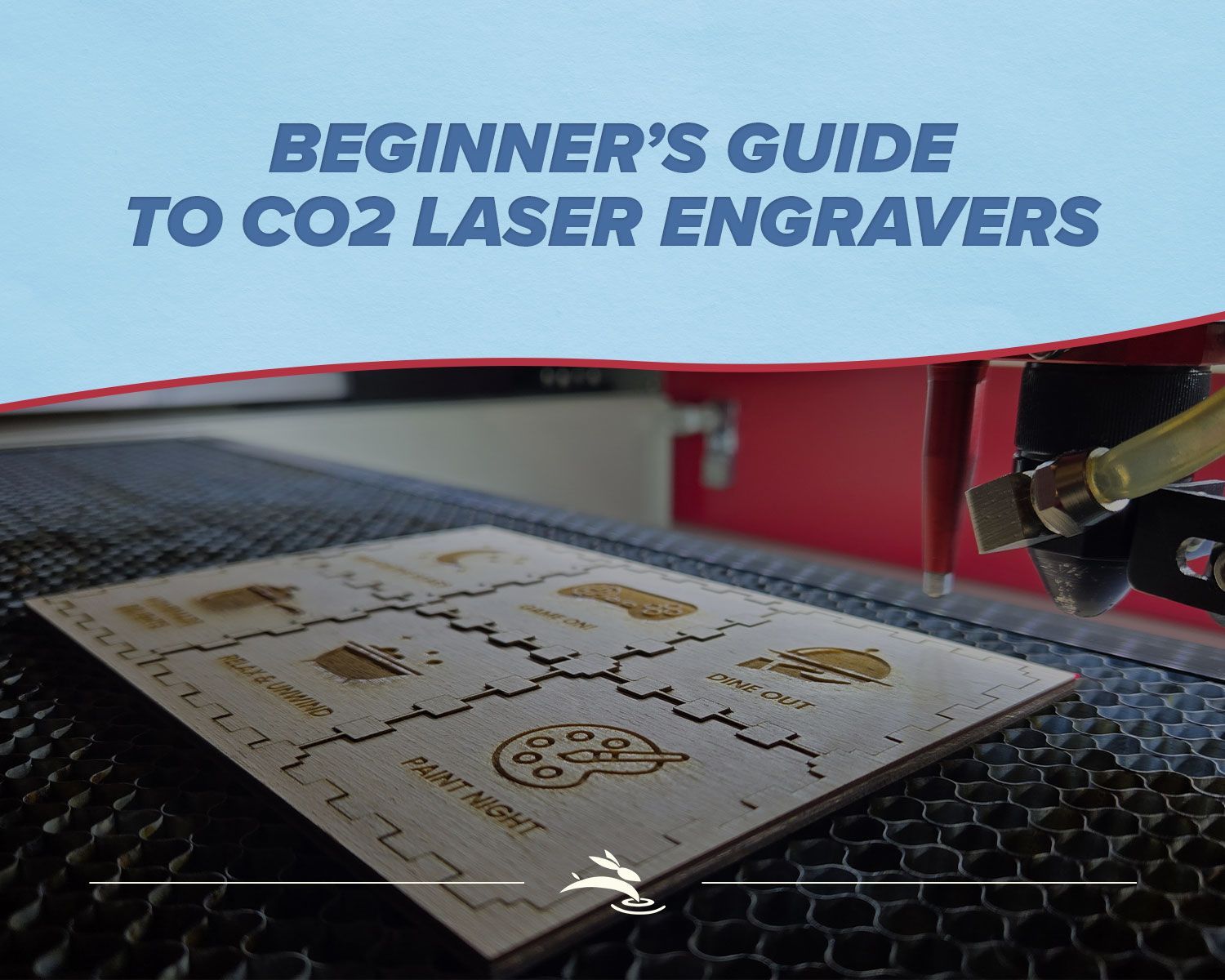 CO2 laser machine engraving a wooden project card on a honeycomb bed with “Beginner’s Guide to CO2 L