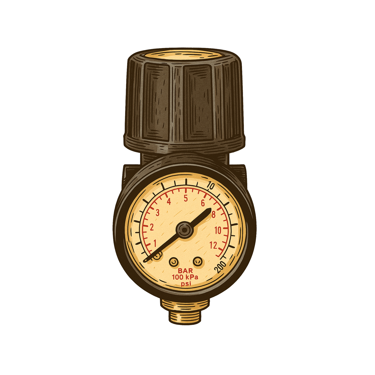 Illustrated air pressure regulator with round gauge and black adjustment knob on a white background.