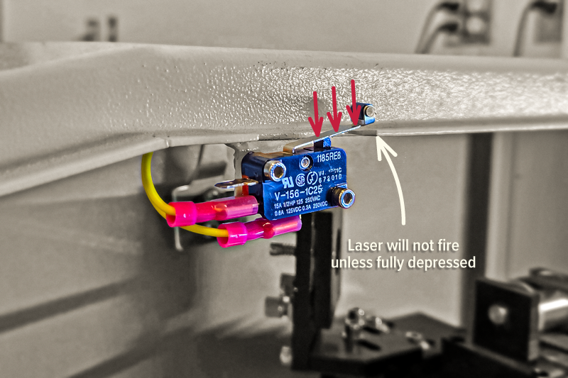 Close-up of a laser machine safety switch with arrows showing it must be fully pressed for the laser to fire.