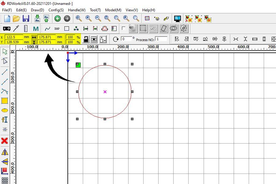 screenshot of elipse drawn and parameters highlighted