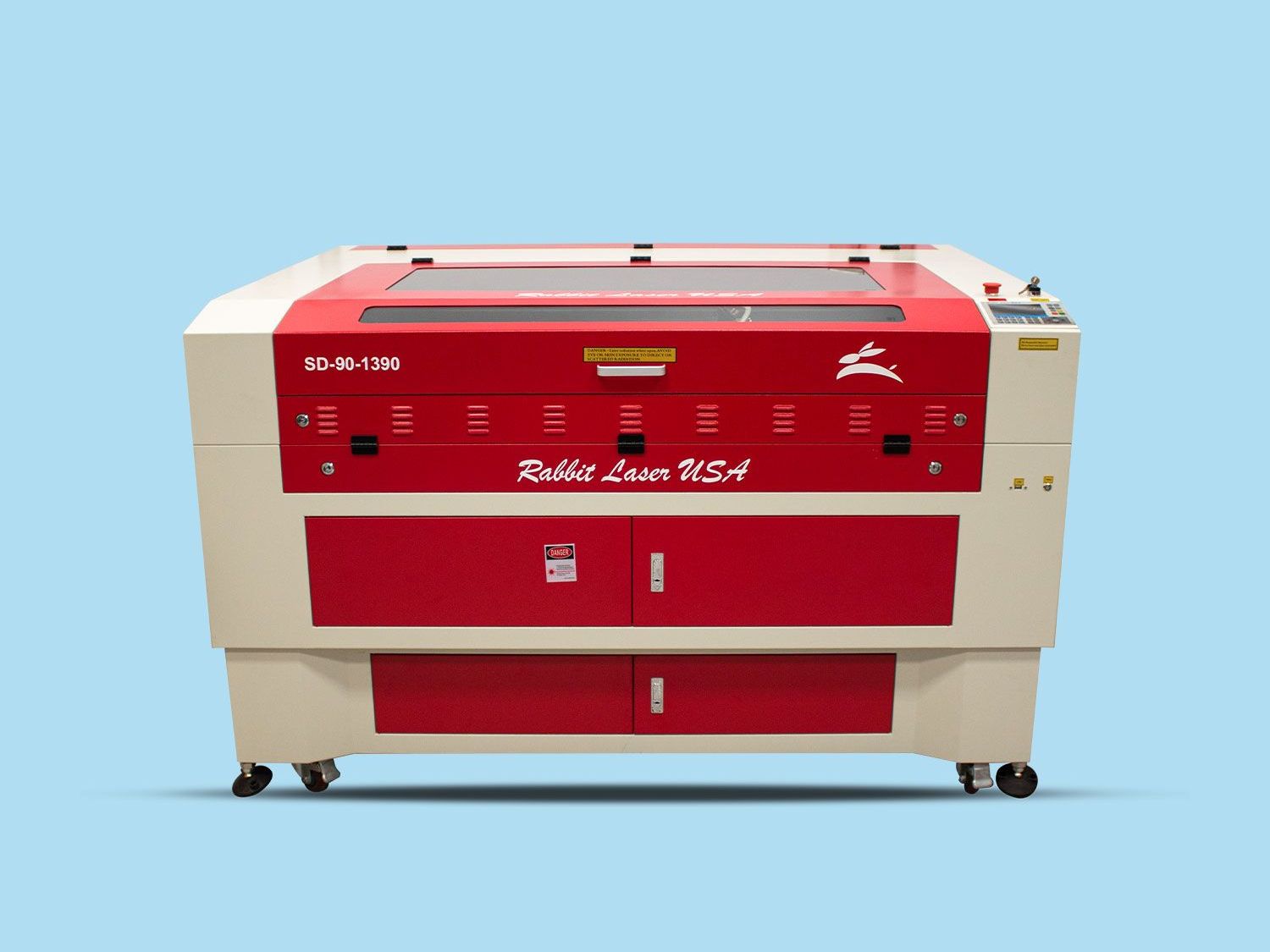 Red and cream SD-90-1390 laser machine by Rabbit Laser USA shown against a solid light blue background.