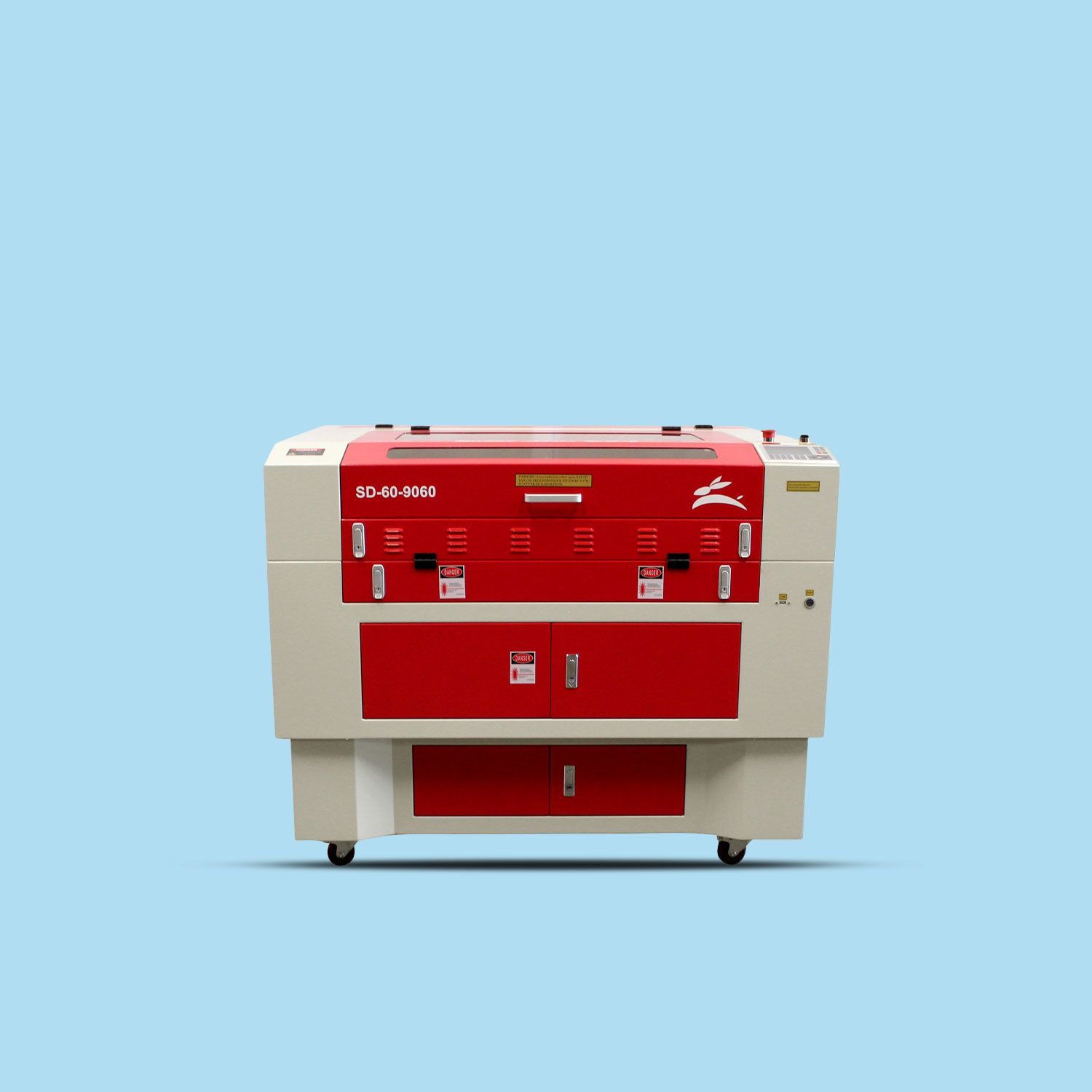 Rabbit Laser USA SD-60-9060 CO₂ laser cutter with red and beige housing, shown against a solid light blue background.