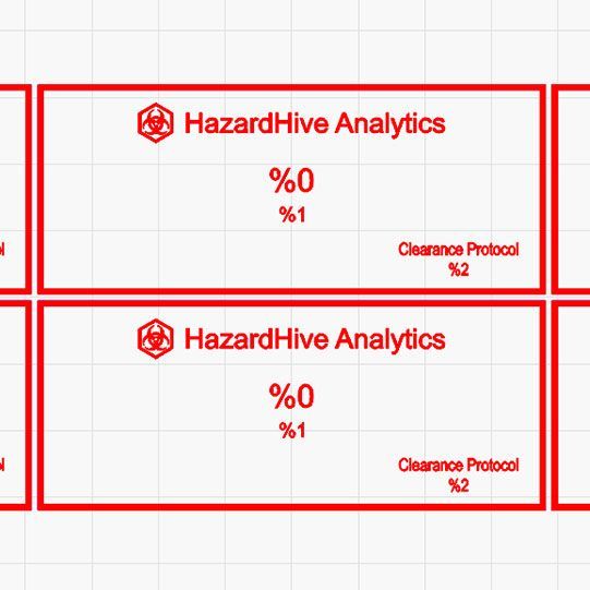 LightBurn layout with placeholder text fields for HazardHive Analytics name tags using variable text codes.