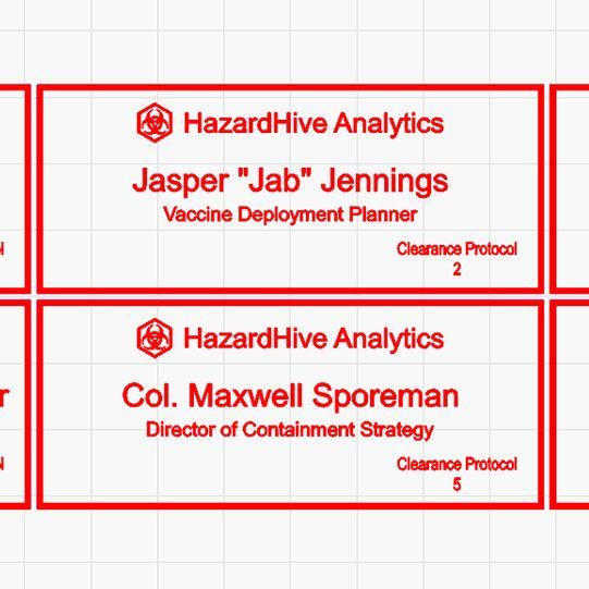 Example name tags in LightBurn showing HazardHive Analytics designs filled with sample names and titles.