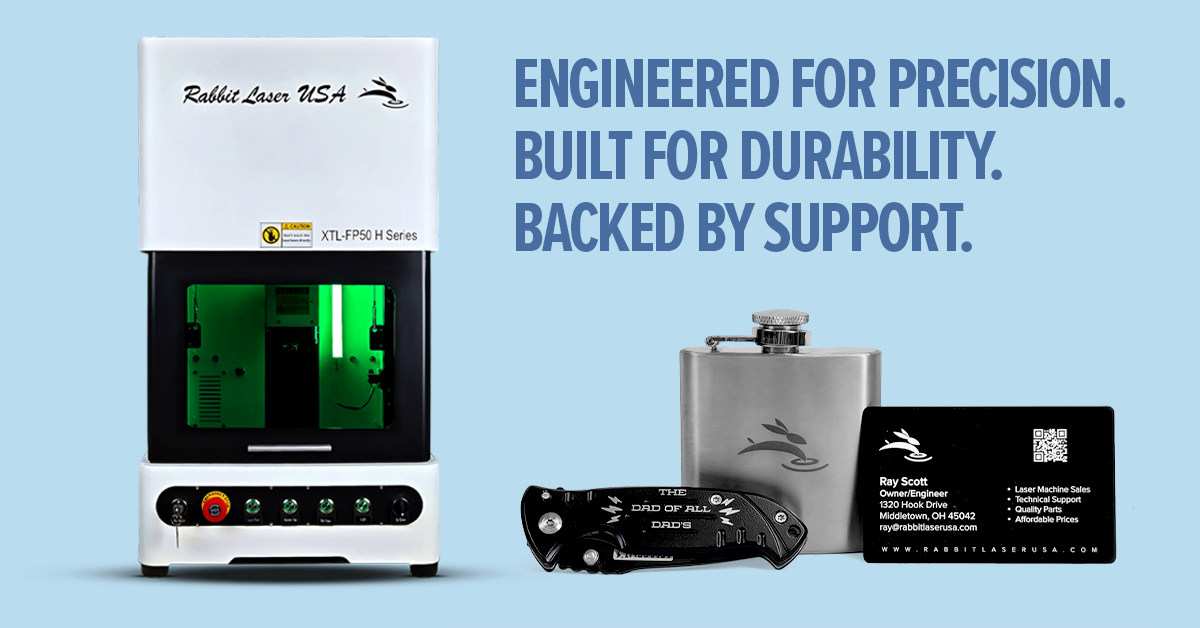 Rabbit Laser USA XTL-FP50 fiber marking laser with sample products