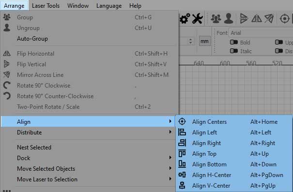 Screenshot of Alignment Hotkeys in the Arrange drop down menu