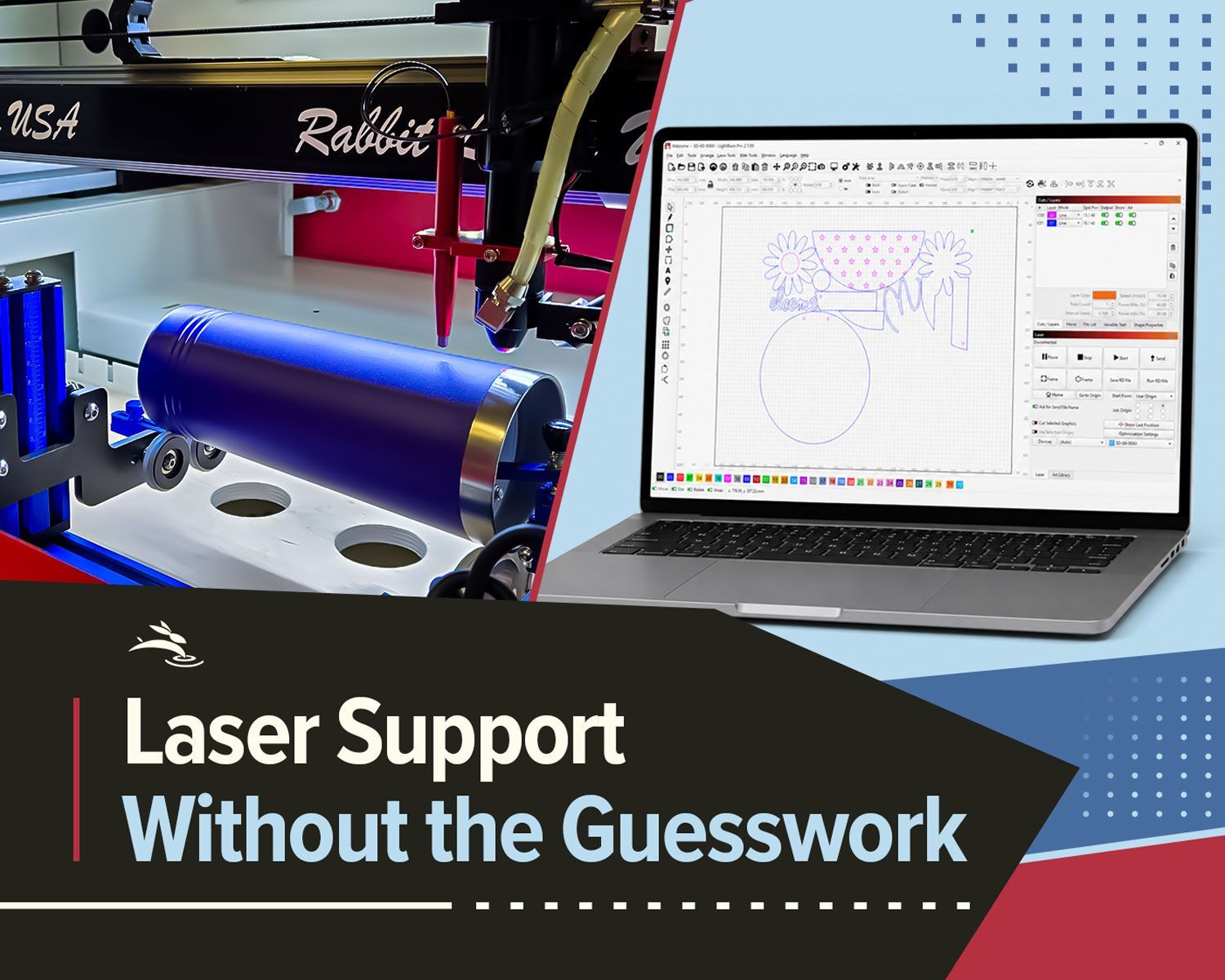 Split-screen of Rabbit Laser engraving a tumbler beside LightBurn software for remote support.