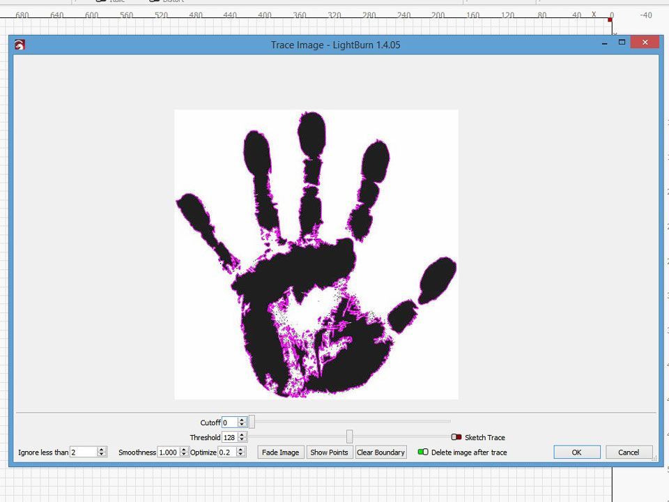 hand print image traced on lightburn software