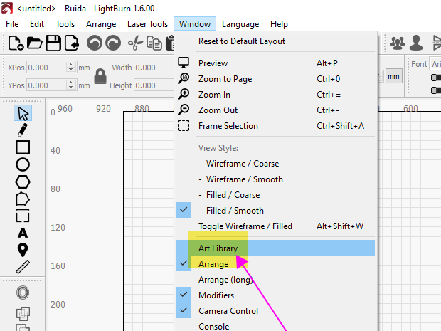 screenshot of the location of the Art Library window is located