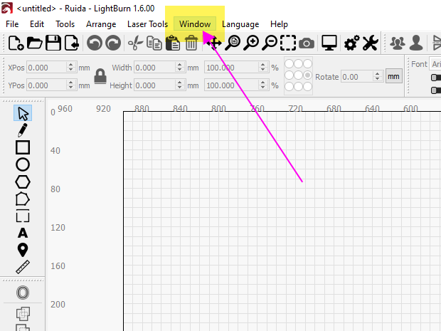 screenshot of lightburn software showing the location of the window menu