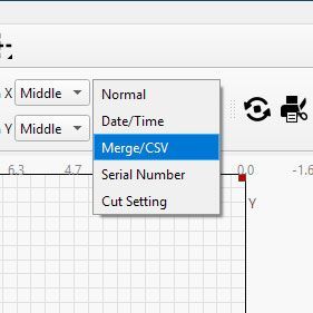 LightBurn software dropdown menu with Merge/CSV option highlighted for importing variable text data.