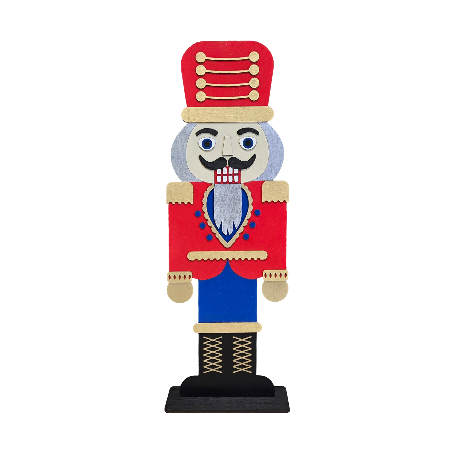 Painted layered wood nutcracker decoration in red coat and tall hat on a black stand, shown on a white background.
