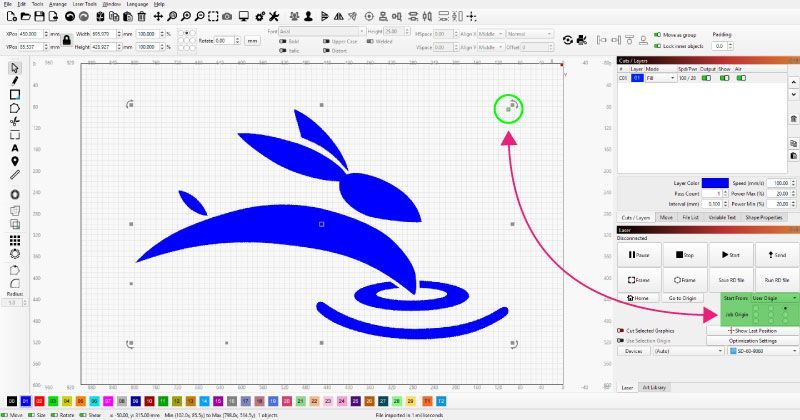 LightBurn workspace showing the Rabbit Laser USA logo with an arrow pointing to the machine’s rear-right origin position.

