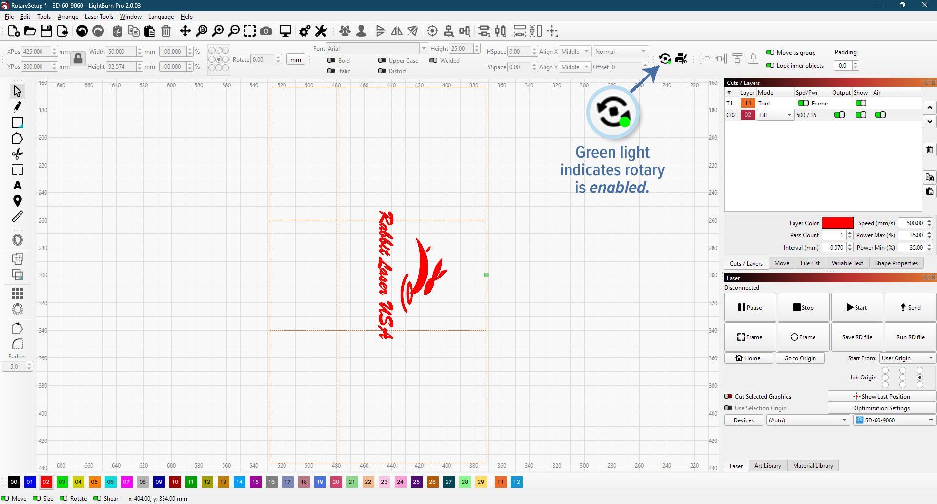 LightBurn software showing rotary enabled with green light indicator for Rabbit Laser USA CO2 laser machines.