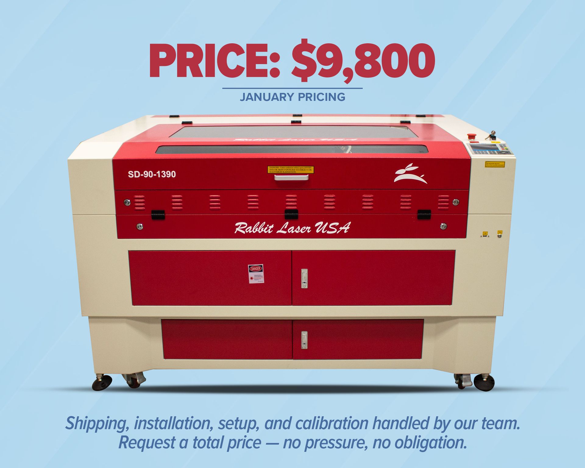 Rabbit Laser USA SD-90-1390 co2 laser machine on light blue background