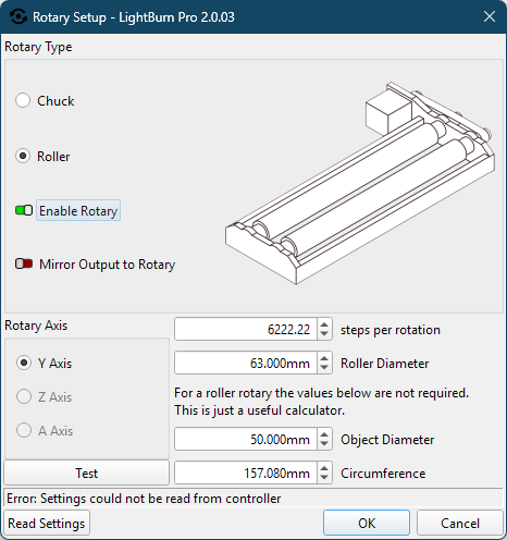 LightBurn Rotary Setup window showing 6222.22 steps per rotation and 63 mm roller diameter for Rabbit Laser USA rotaries.