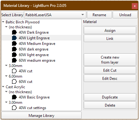 LightBurn workspace showing the Material Library tab enabled.