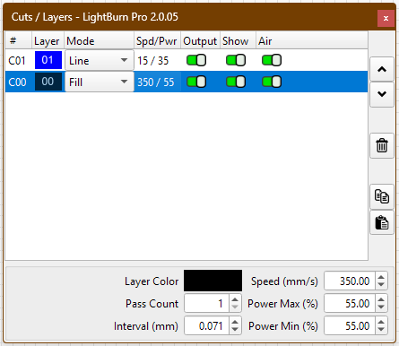LightBurn Layers panel with engraving and cutting layers set up.