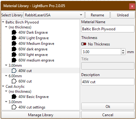 LightBurn Material Library entry form with material name, thickness, and description.