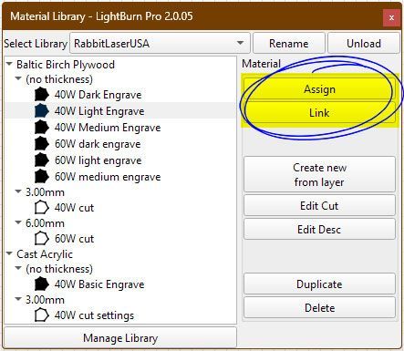 Material Library buttons showing Assign and Link options.