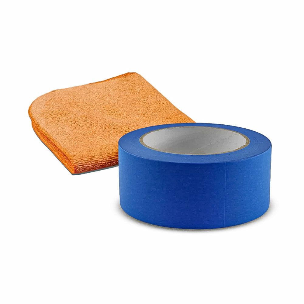 blue painters tape and orang microfiber cloth