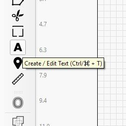 LightBurn toolbar showing Create/Edit Text button with tooltip and keyboard shortcut displayed.