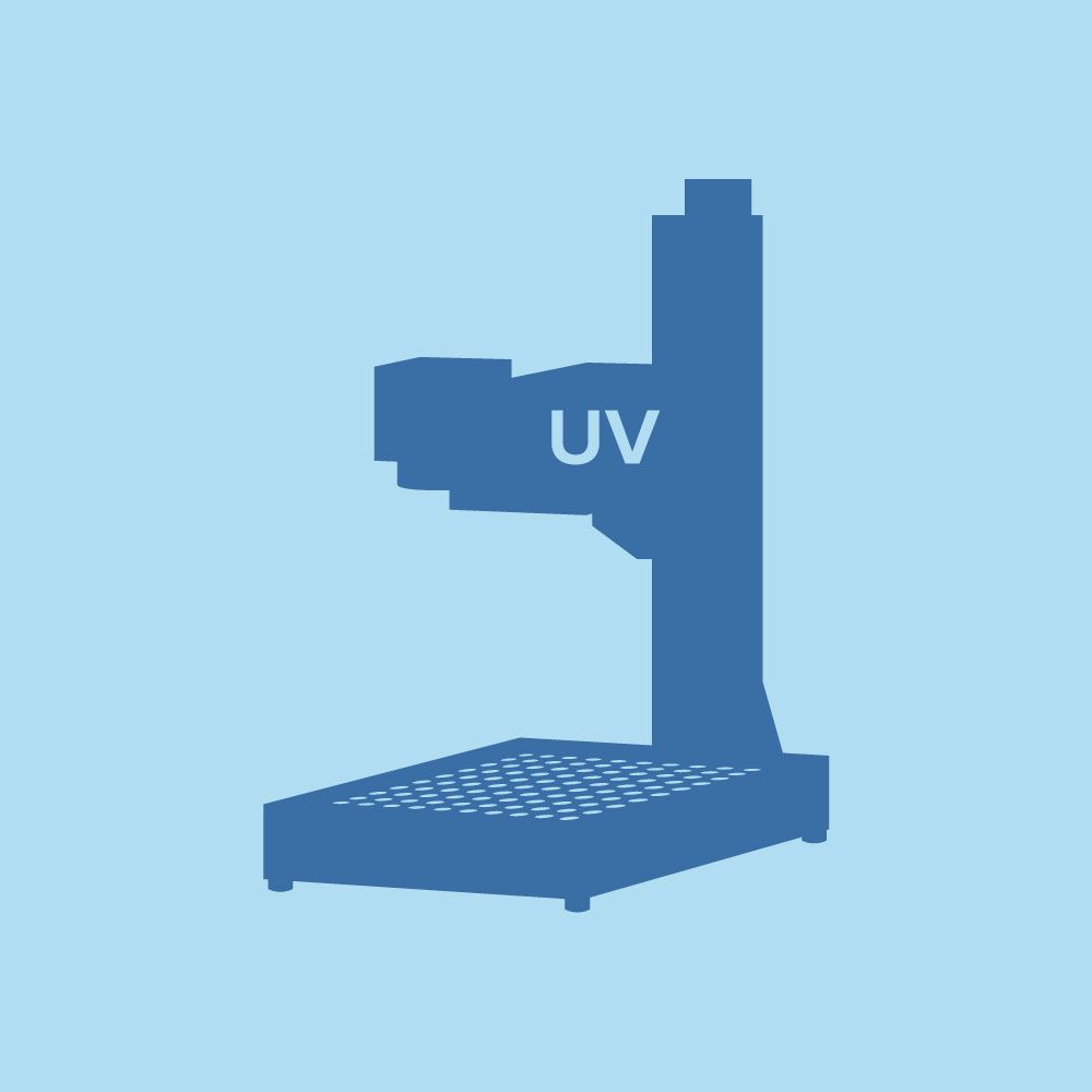 Blue silhouette of a UV laser marking machine on a light blue background, with 'UV' labeled on the laser head.