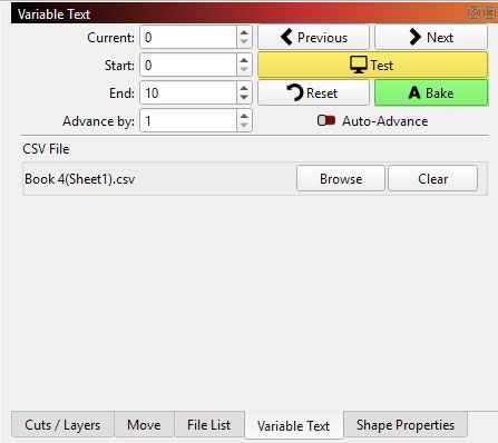 Variable Text panel in LightBurn with CSV file loaded and options for start, end, advance, and test settings.