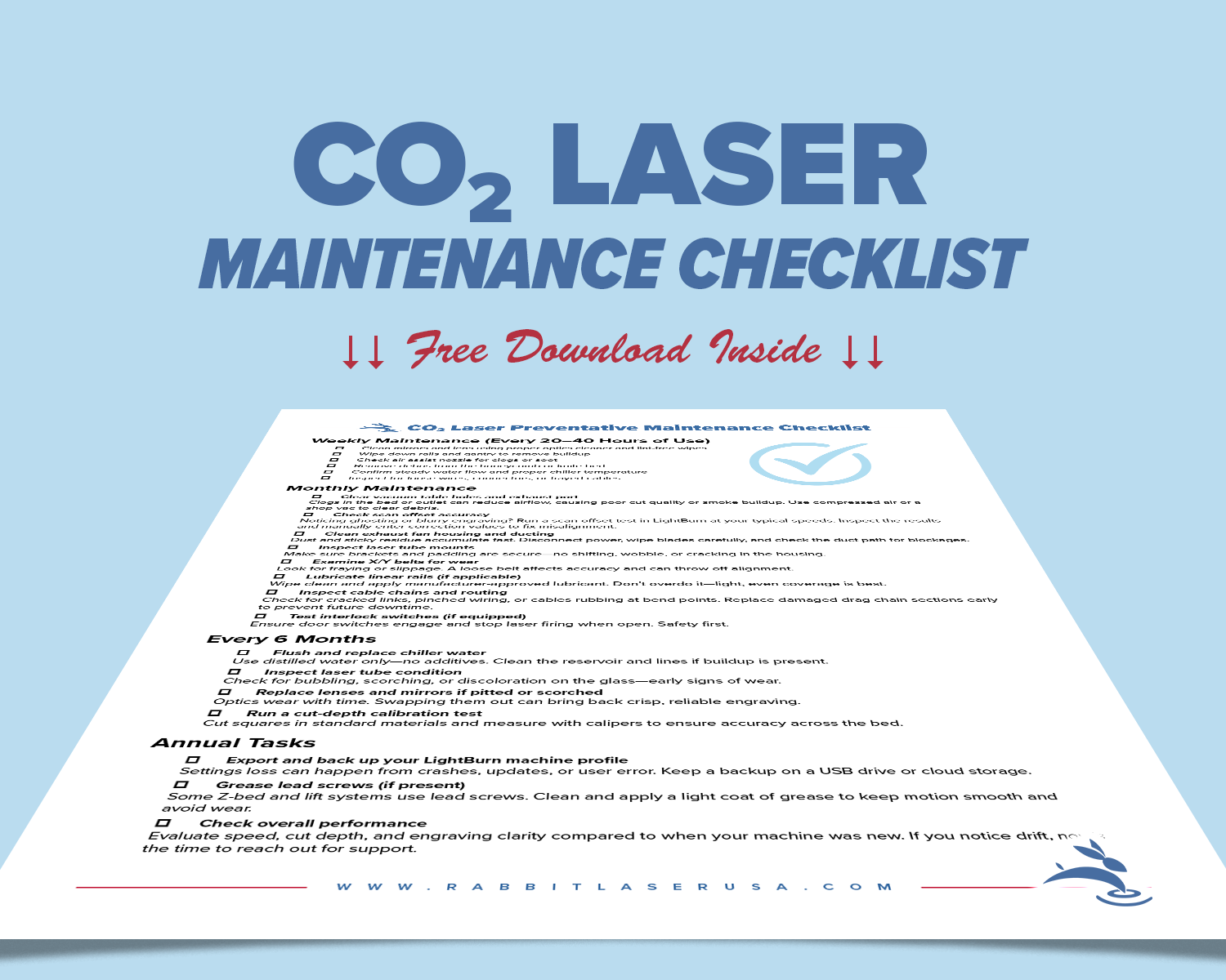 CO2 Laser Maintenance Checklist with weekly, monthly, and annual tasks. Free PDF download available.