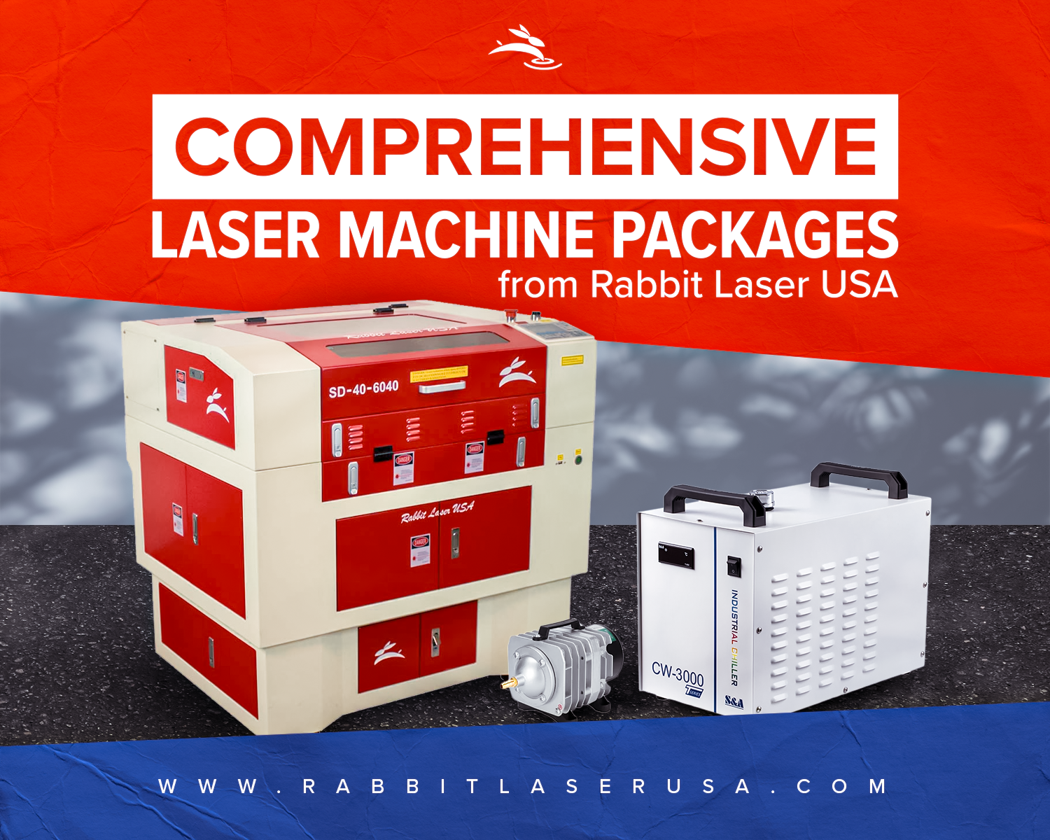 group shot of laser machine with accessories