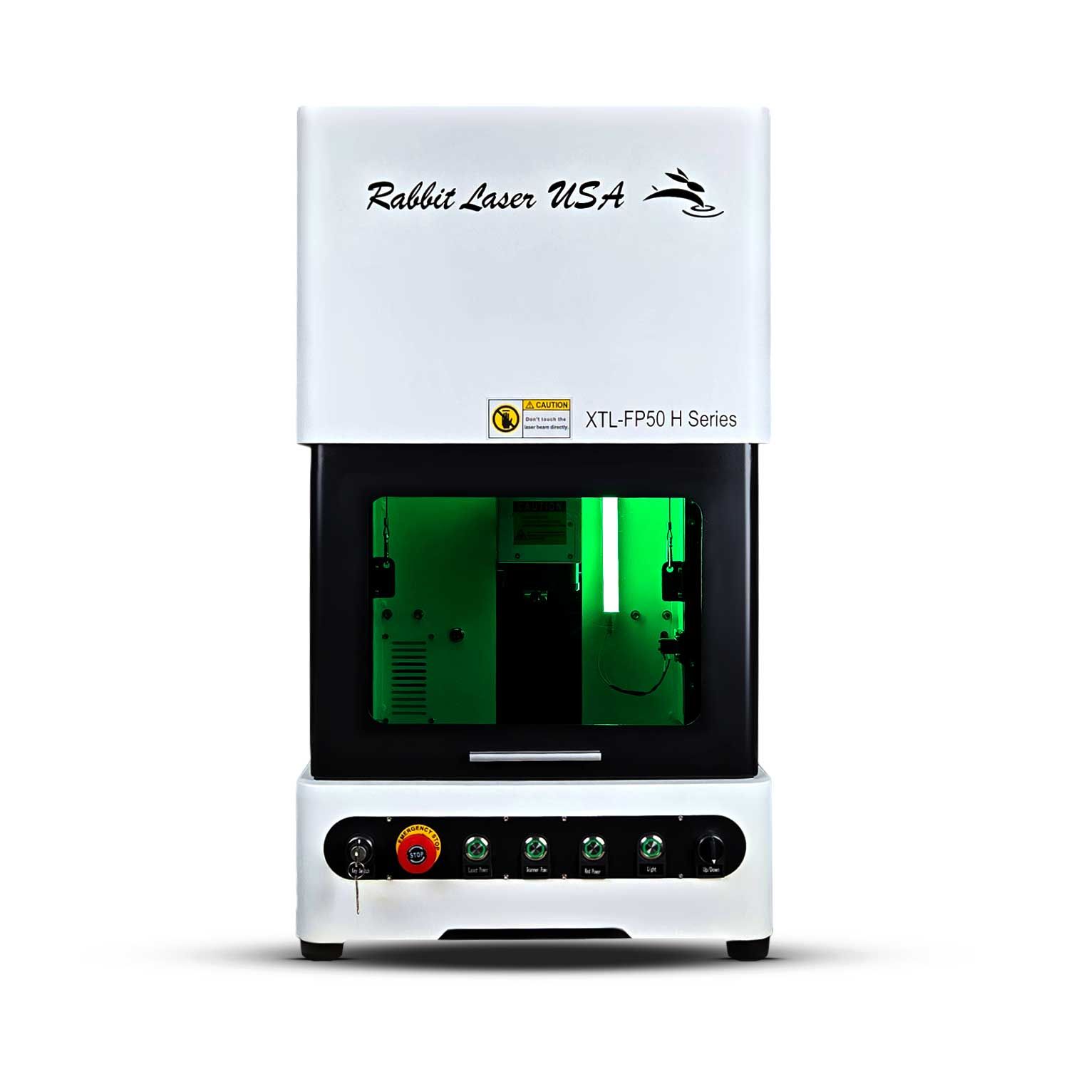 White XTL-FP50 H Series fiber laser engraver from Rabbit Laser USA with green-lit enclosed work area.