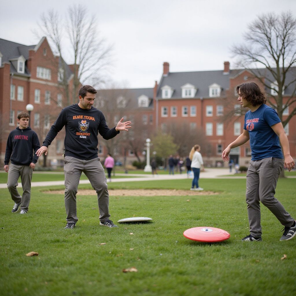 Three people playing frisbee on a grassy campus. One person is about to catch the disc. Brick buildings in the background.