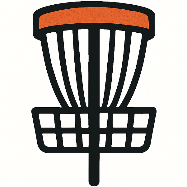 Disc golf basket with black frame, orange top, and white background.