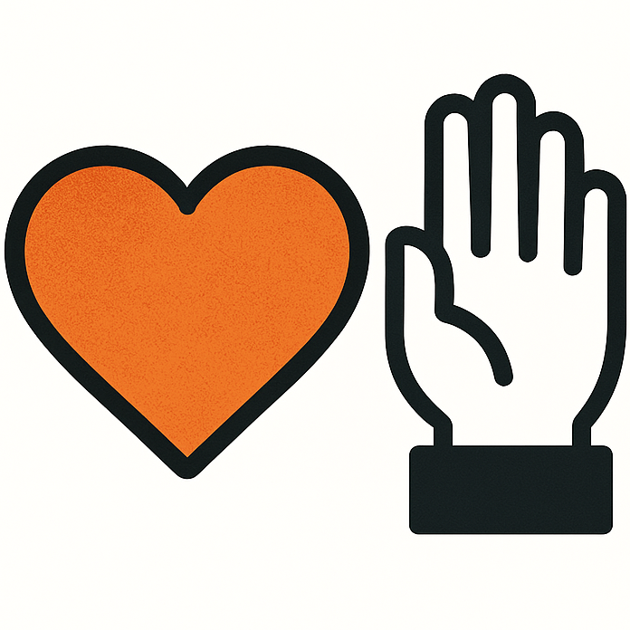 Orange heart next to an open hand, black outline.