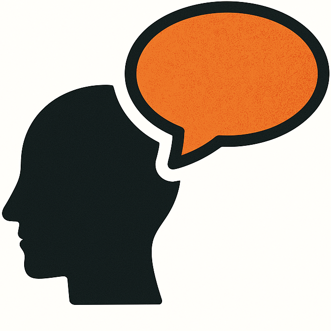 Black silhouette head with orange thought bubble.