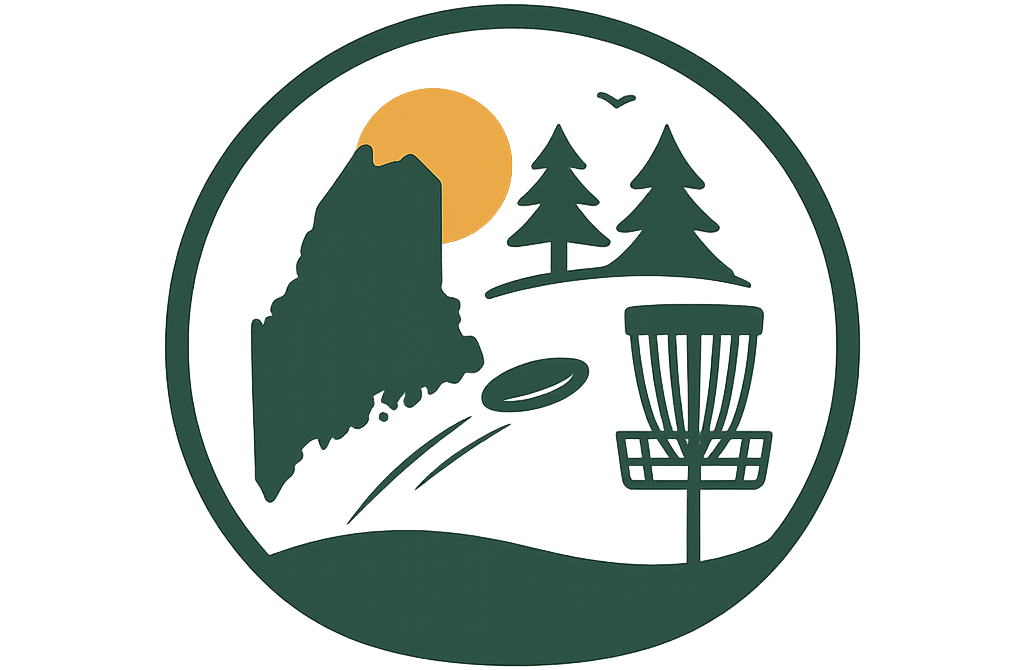 Disc golf logo: Maine landscape with mountain, sun, trees, flying disc, and basket, inside a green circle.