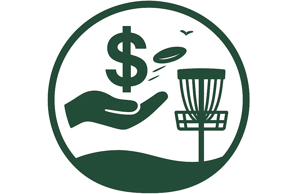 Dark green circle with hand holding a dollar sign, disc golf basket, and disc in flight.