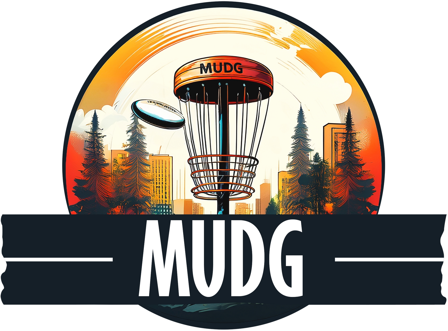 Disc golf basket with flying disc, cityscape background, and 