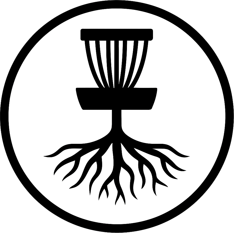 Black disc golf basket with roots inside a circle.