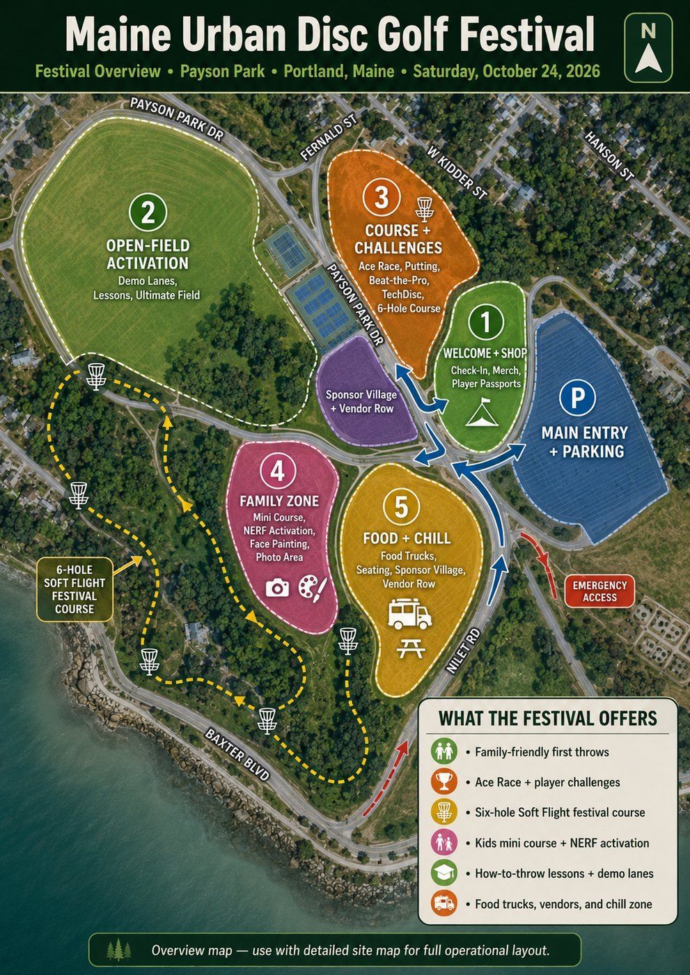 Maine Urban Disc Golf Festival concept site map at Payson Park