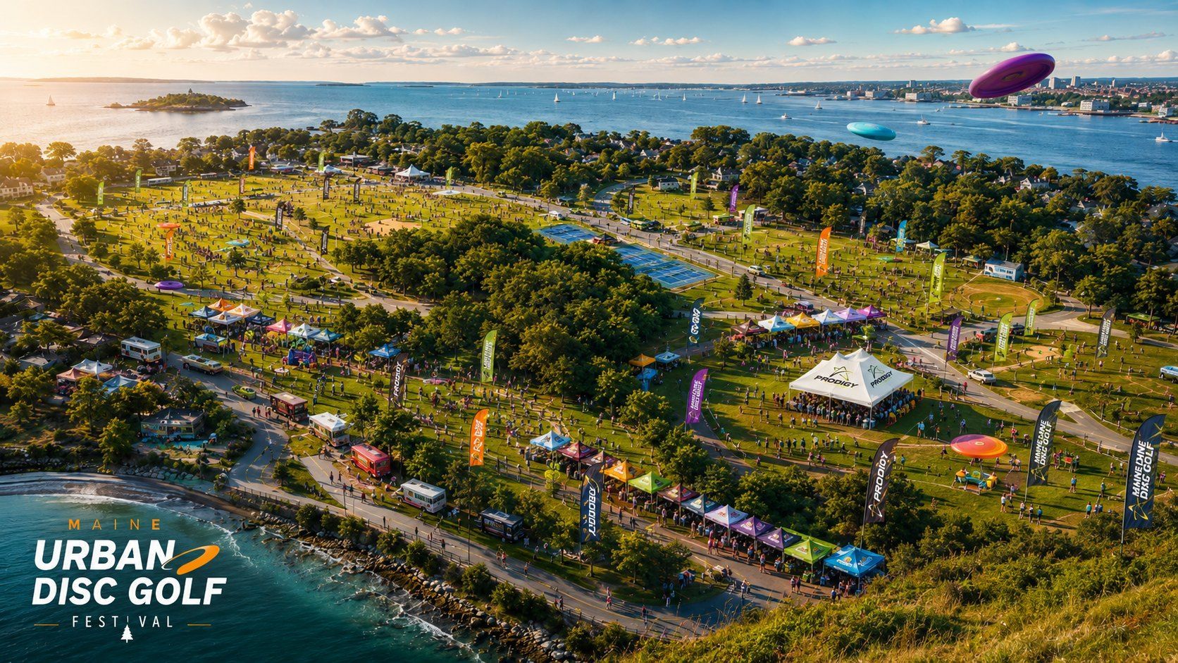Colorful flying discs representing the festival energy
