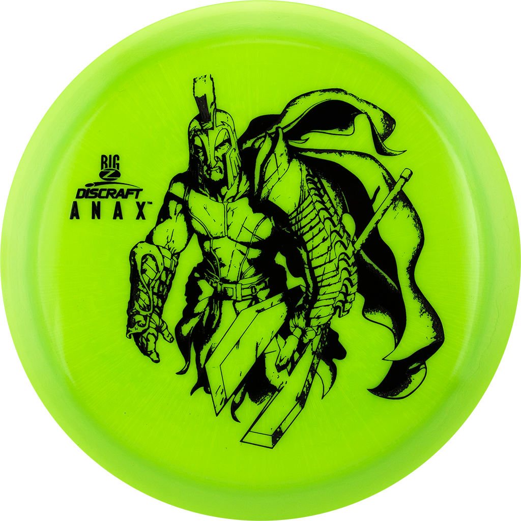 Neon green disc golf disc with a black illustration of a Spartan warrior.